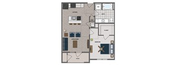 A floor plan of a house with a kitchen, living room, bedroom, bathroom, and closet.