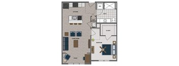 A floor plan of a house with a kitchen, living room, study, bedroom, bathroom, and closet.