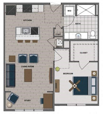 A floor plan of a house with a kitchen, living room, study, bedroom, bathroom, and closet.