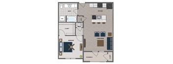 A floor plan of a house with a bedroom, bathroom, kitchen, living room, and closet.