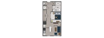 A floor plan of a small apartment with a bedroom, living room, kitchen, and bathroom.