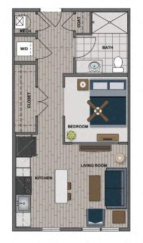 A floor plan of a small apartment with a bedroom, living room, kitchen, and bathroom.