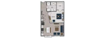 A floor plan of a house with a living room, dining room, kitchen, and bathroom.