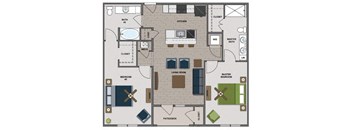 A floor plan of a house with two bedrooms, a kitchen, a bathroom, and a master bath.