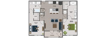 A floor plan of a house with a master bedroom, two living rooms, a kitchen, a bathroom, and a pantry.