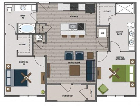 A floor plan of a house with a master bedroom, two living rooms, a kitchen, a bathroom, and a pantry.
