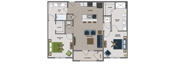 A floor plan of a house with a living room, kitchen, and two bedrooms.