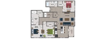 A floor plan of a house with two bedrooms, a living room, a kitchen, a bathroom, and a laundry area.