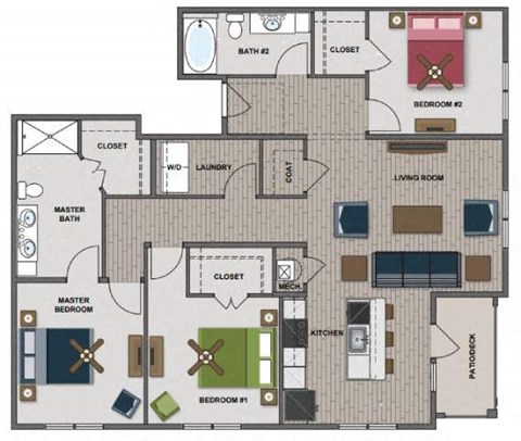 A floor plan of a house with two bedrooms, a living room, a kitchen, a bathroom, and a laundry area.