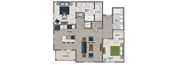 A floor plan of a house with a master bedroom, a kitchen, a living room, and a bathroom.