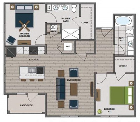 A floor plan of a house with a master bedroom, a kitchen, a living room, and a bathroom.