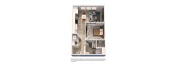 A floor plan of a small apartment with a kitchen, living room, and bathroom.