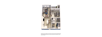 A floor plan of a small apartment with a kitchen, living room, and bathroom.