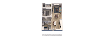 A floor plan of a small apartment with a kitchen, living room, and bathroom.