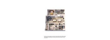 A 3D rendered image of a house layout.