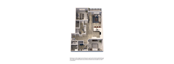 A floor plan of a house with a living room, kitchen, and two bedrooms.
