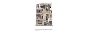 A floor plan of a small apartment with a kitchen, living room, and two bedrooms.