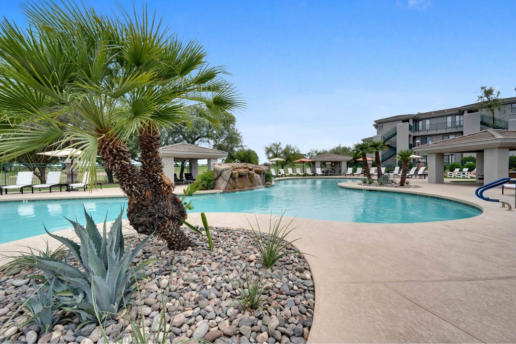 A palm tree stands in a rock bed next to a pool.
