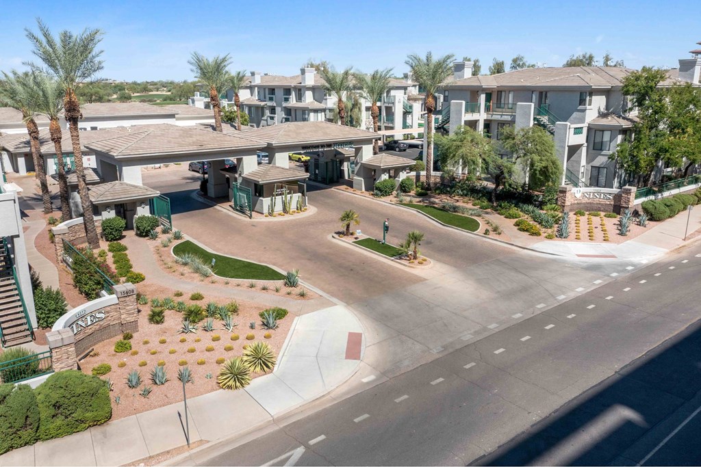 A sunny day at the Xenia apartments with palm trees and a clear blue sky.