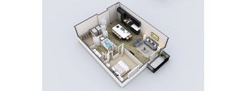 A 3D rendered image of a small apartment layout.