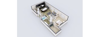 A 3D rendered image of a modern house layout.