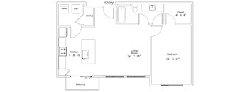 A floor plan of a home with a kitchen, living room, bedroom, and bathroom.
