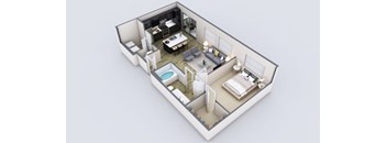 A 3D rendered image of a modern apartment layout.