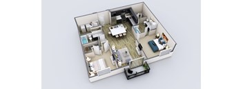 A 3D rendered image of a small apartment layout.