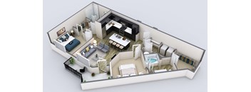A 3D rendered image of a modern apartment layout.