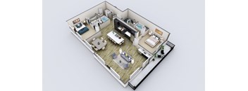 A 3D rendered image of a small apartment layout.
