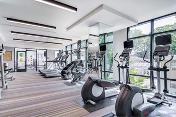 A gym with treadmills, elliptical machines, and other cardio equipment.