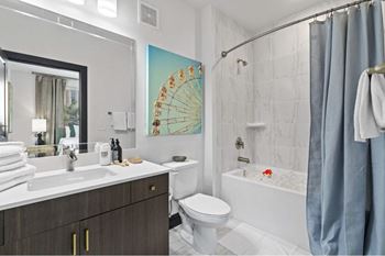 a bathroom with a shower toilet and sink and a mirror