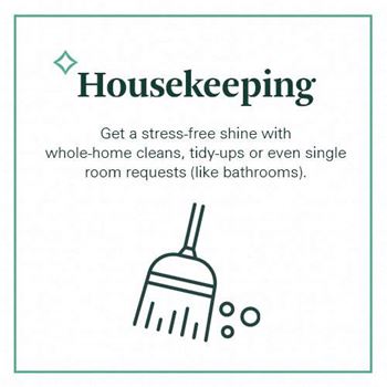 a line drawing of a broom and a phrase housekeeping get a stress free shine