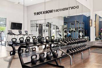 a row of weights in a gym with a mirror on the wall