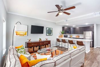 A living room with a couch, a coffee table, and a ceiling fan.