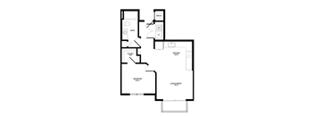 A black and white image of a house floor plan with a bedroom, living room, kitchen, and bathroom.