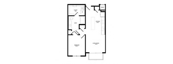 A floor plan of a house with a bedroom, living room, kitchen, bath, and closet.