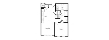 A black and white floor plan of a house with a living room, bedroom, bathroom, kitchen, and closet.