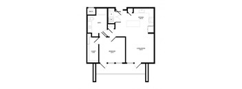 A black and white floor plan of a house with a kitchen, living room, and bedrooms.