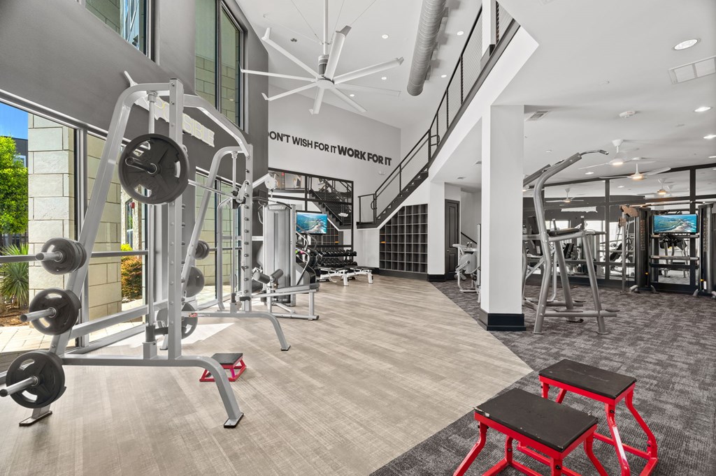 A gym with a variety of equipment including a weight bench and a treadmill.