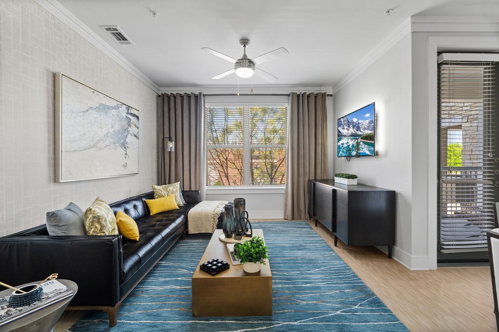 A living room with a black couch and a blue rug.