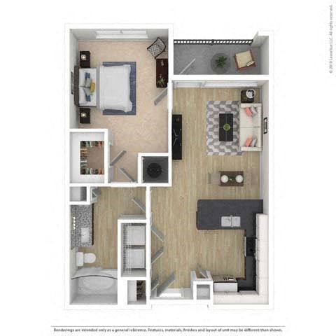 A floor plan of a small apartment with a kitchen, living room, and bathroom.