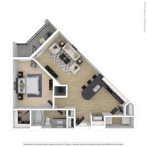 A floor plan of a house with a living room, kitchen, and two bedrooms.