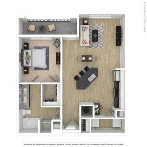 A floor plan of a small apartment with a kitchen, living room, and bathroom.