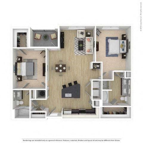 A floor plan of a small apartment with a kitchen, living room, and two bedrooms.