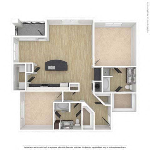 A floor plan of a small apartment with a kitchen, living room, and bathroom.