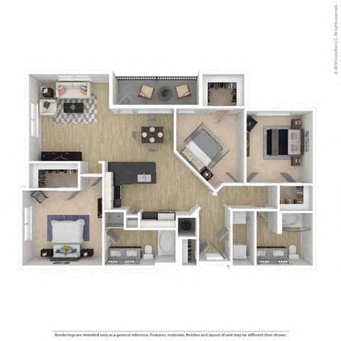 A floor plan of a small apartment with a kitchen, living room, and bedrooms.