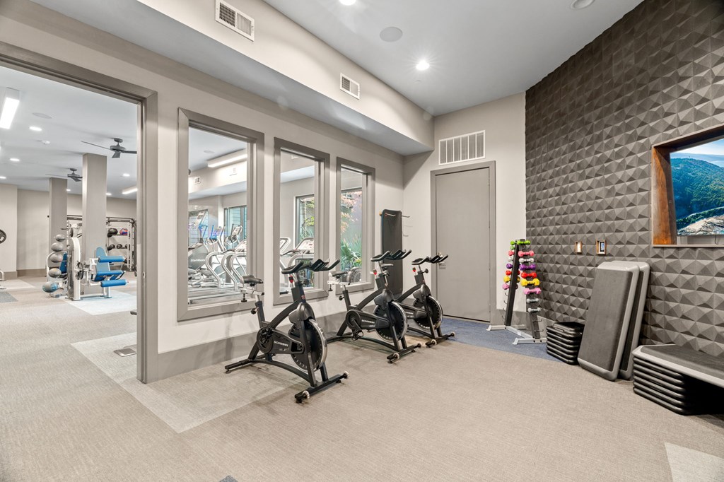 A room with a treadmill and exercise bike.