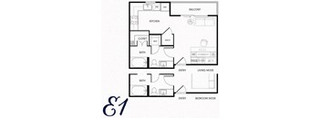 A floor plan of a two bedroom apartment with a living area.