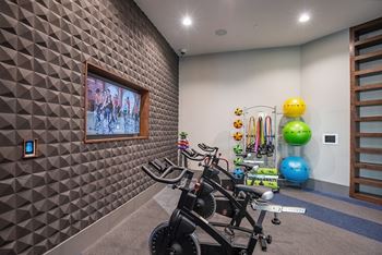 A room with a wall of exercise equipment and a painting hanging on the wall.
